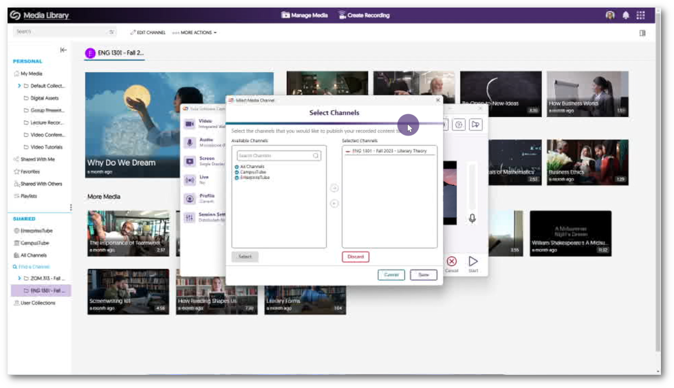 The Software Capture application is launched from within a course channel.