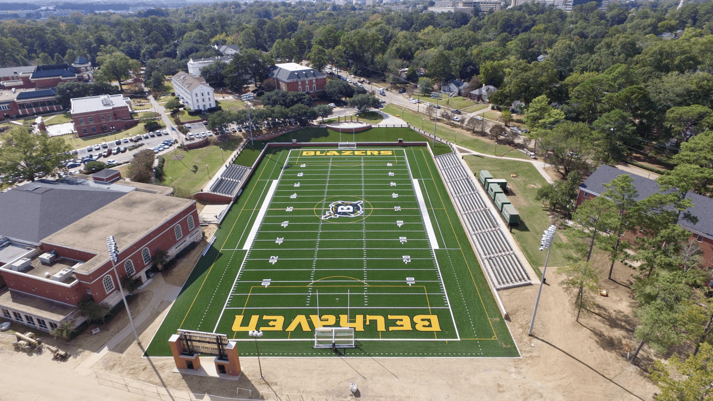 Aerial view of football field at Belhaven University.