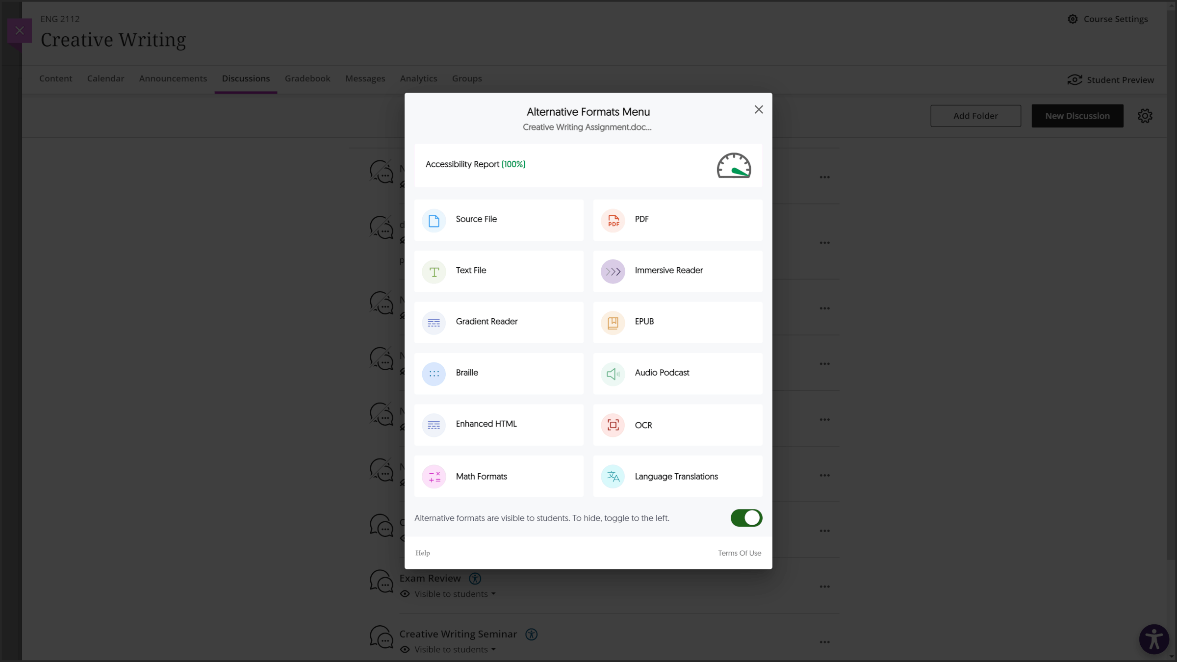 The Blackboard LMS with the Alternative Formats menu open.