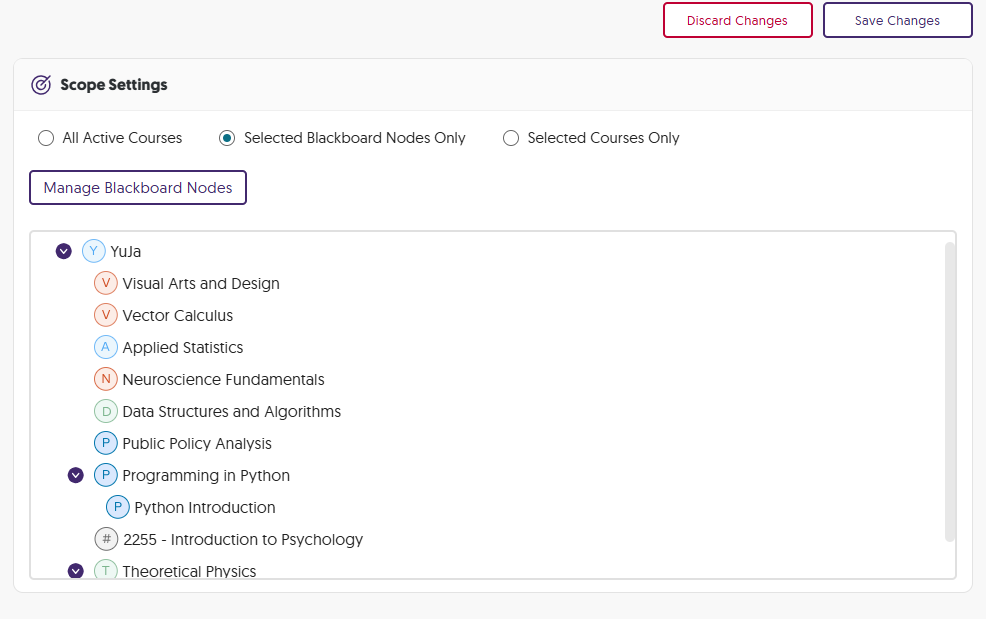 An image of the Scope Settings with the new courses sync automatically in Blackboard.