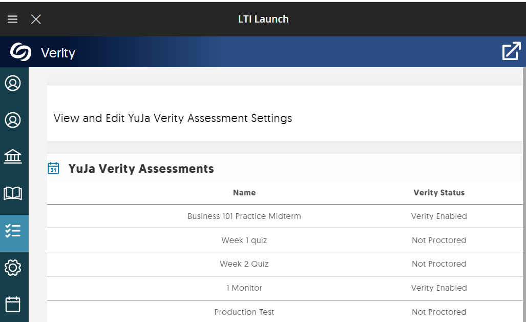 Screenshot of the YuJa Verity LTI App in Blackboard