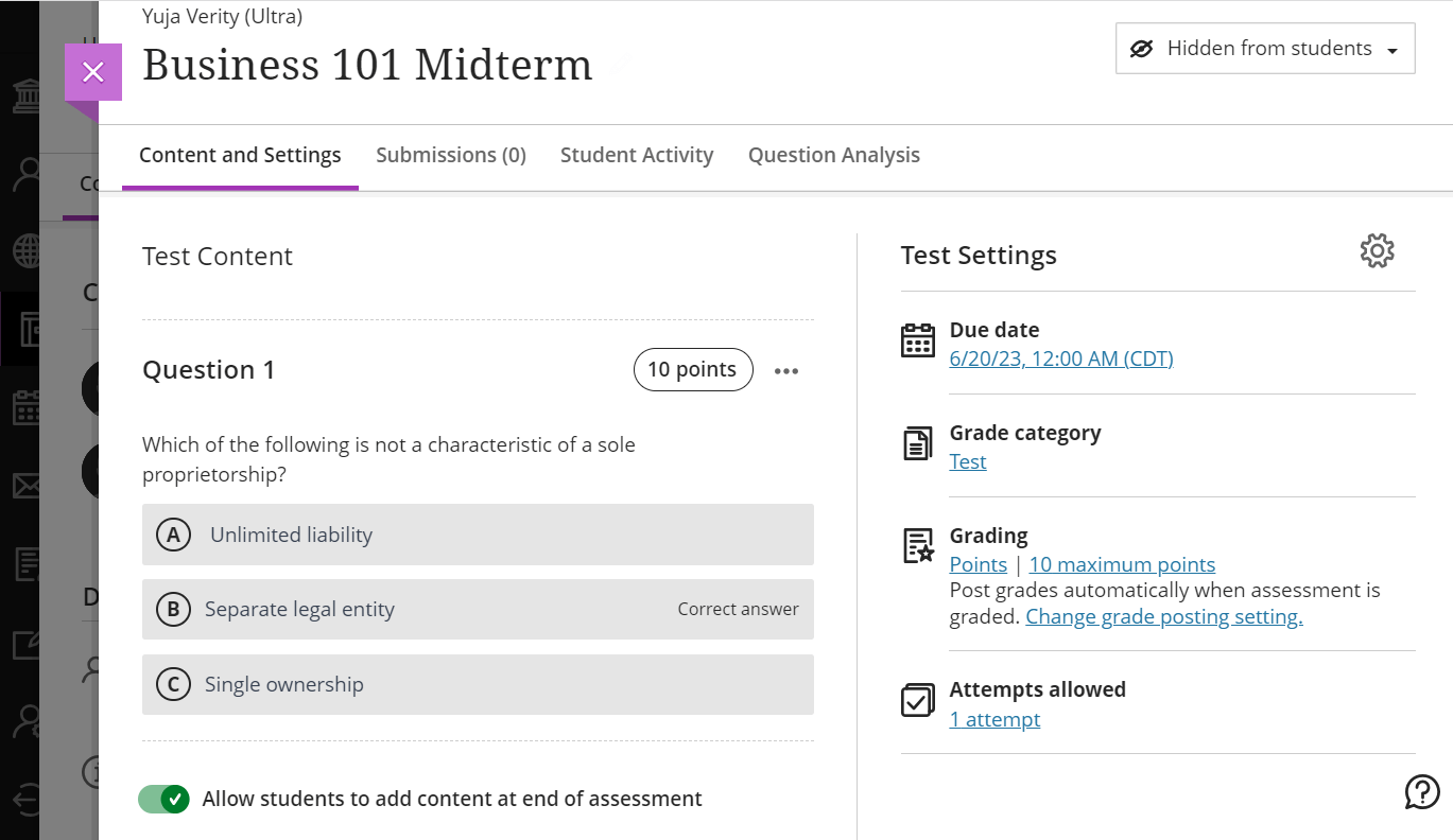 Screenshot of the YuJa Verity test creation screen in Blackboard.