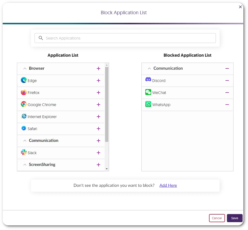 A list of applications on the left and selected blocked applications on the right.
