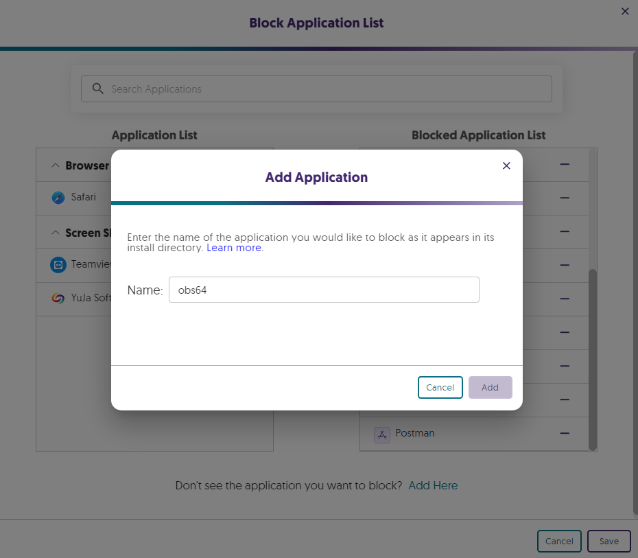 The blocked application list modal.