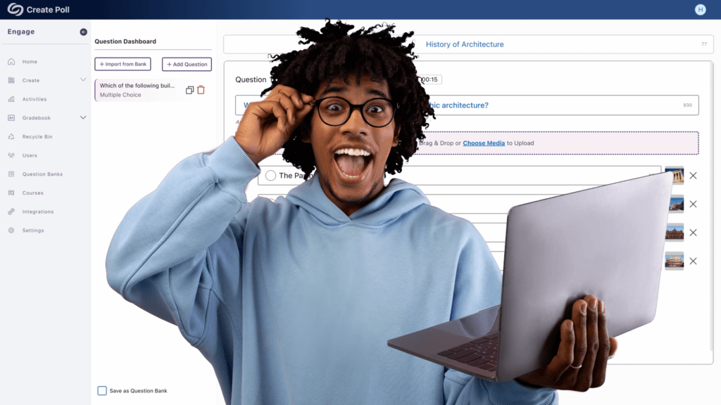 An excited young man holding a laptop and standing in front of a widescreen image of the YuJa Engage Multiple Choice question type using images as possible answers.