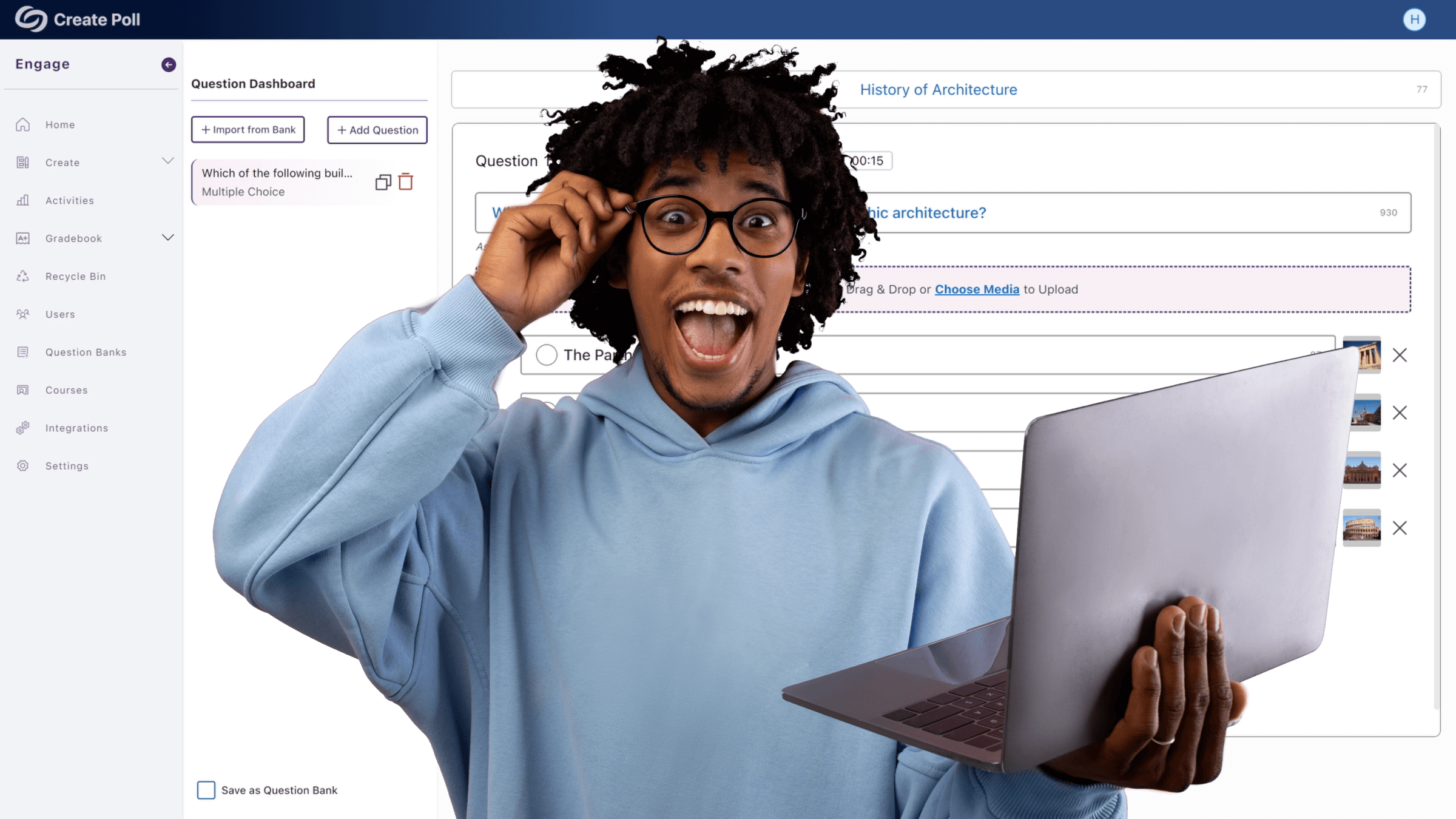 An excited young man holding a laptop and standing in front of a widescreen image of the YuJa Engage Multiple Choice question type using images as possible answers.