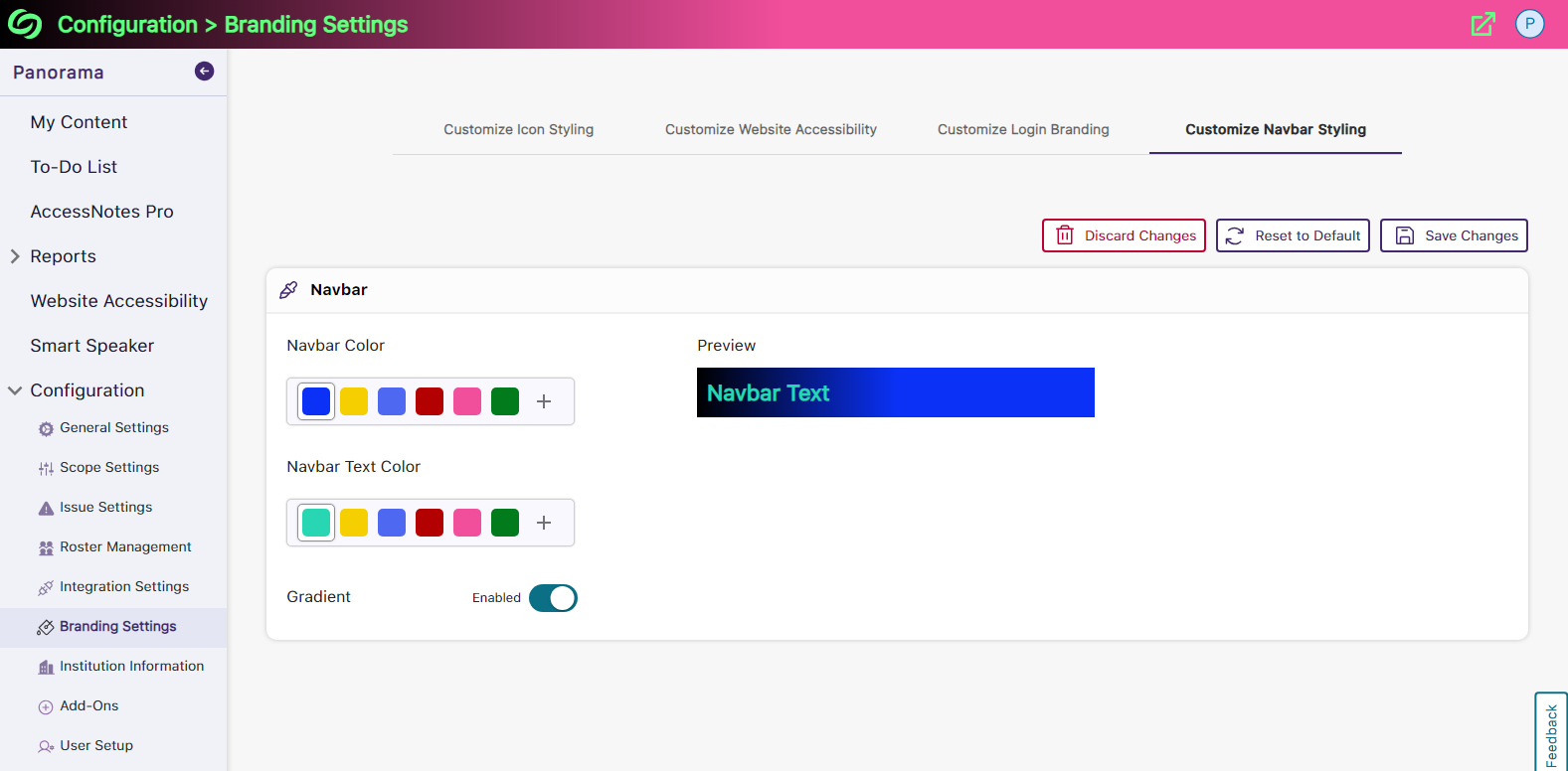 Navbar branding settings showing option to adjust background and text colors.