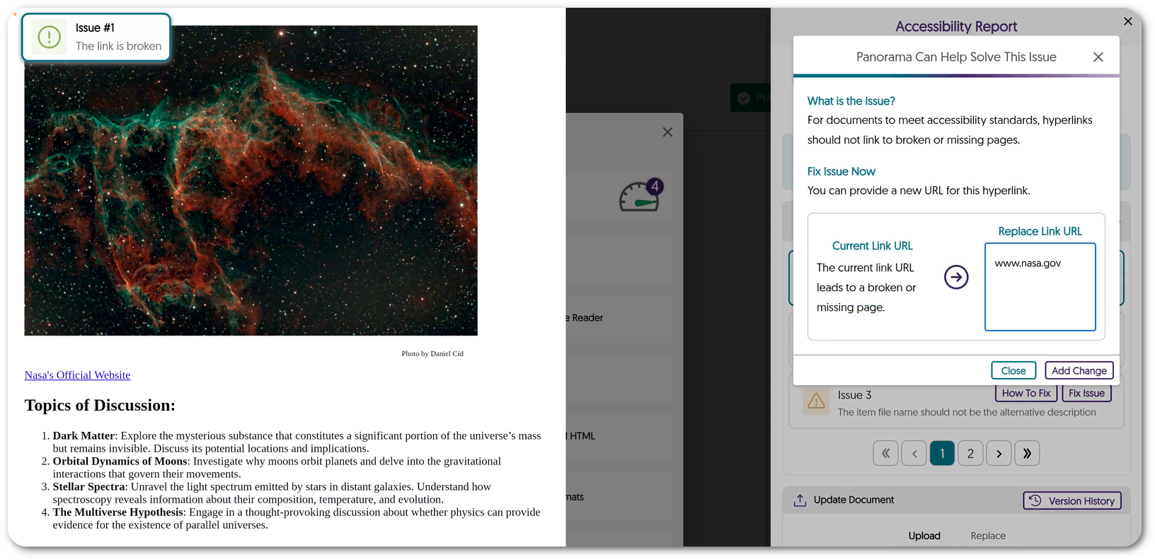 An issue for a broken link is shown being resolved in the Accessibility Report.