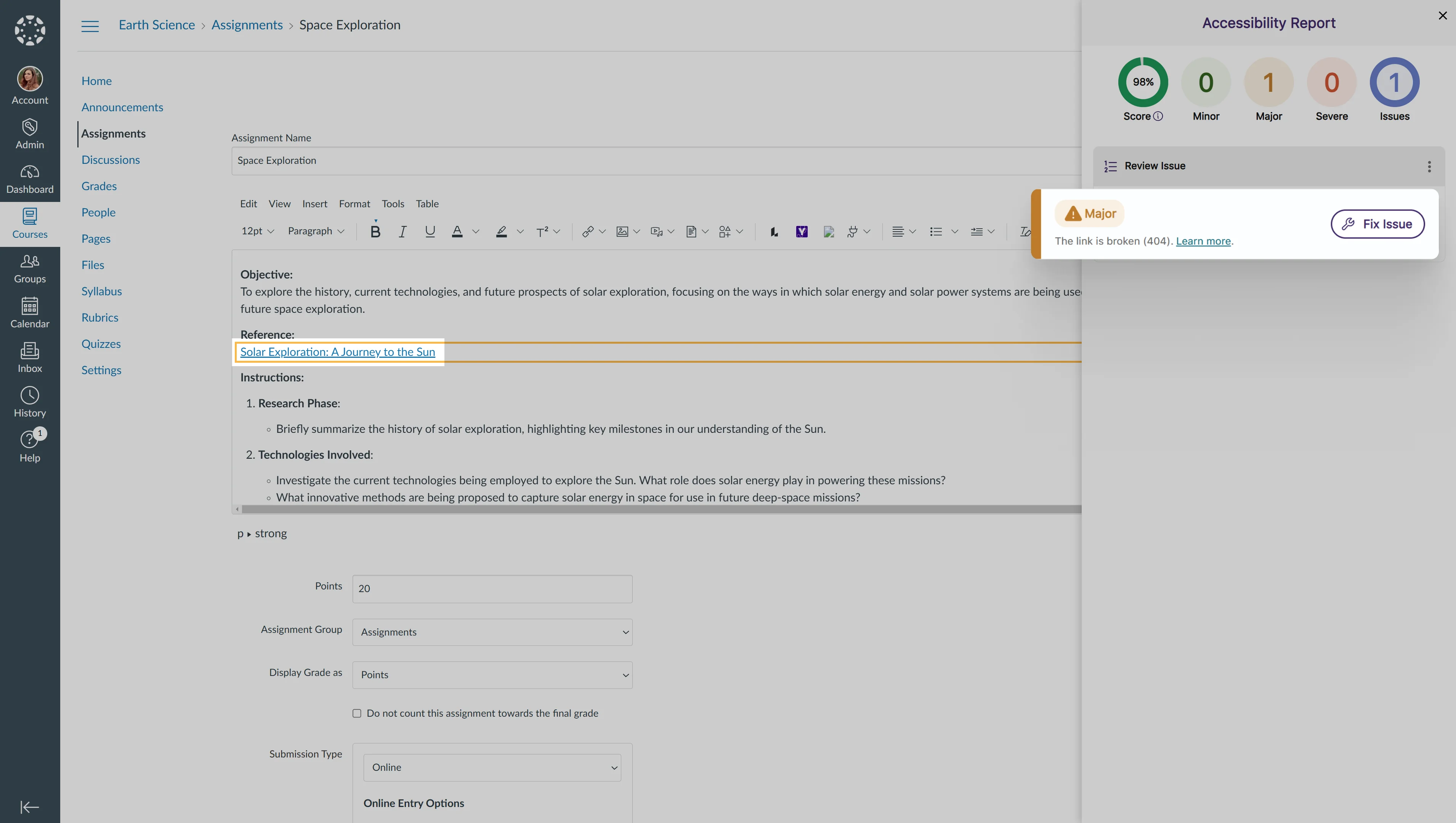An error code is shown in the Accessibility Report for a broken link. 