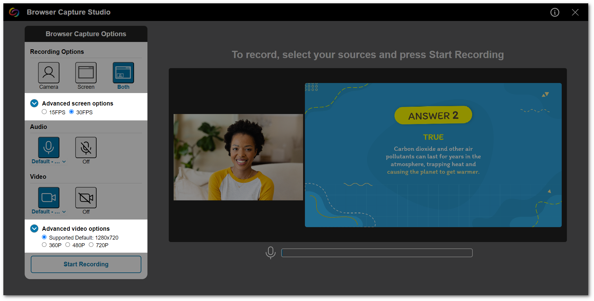 The Browser Capture features Advanced Screen Options and Advanced Video Options. 