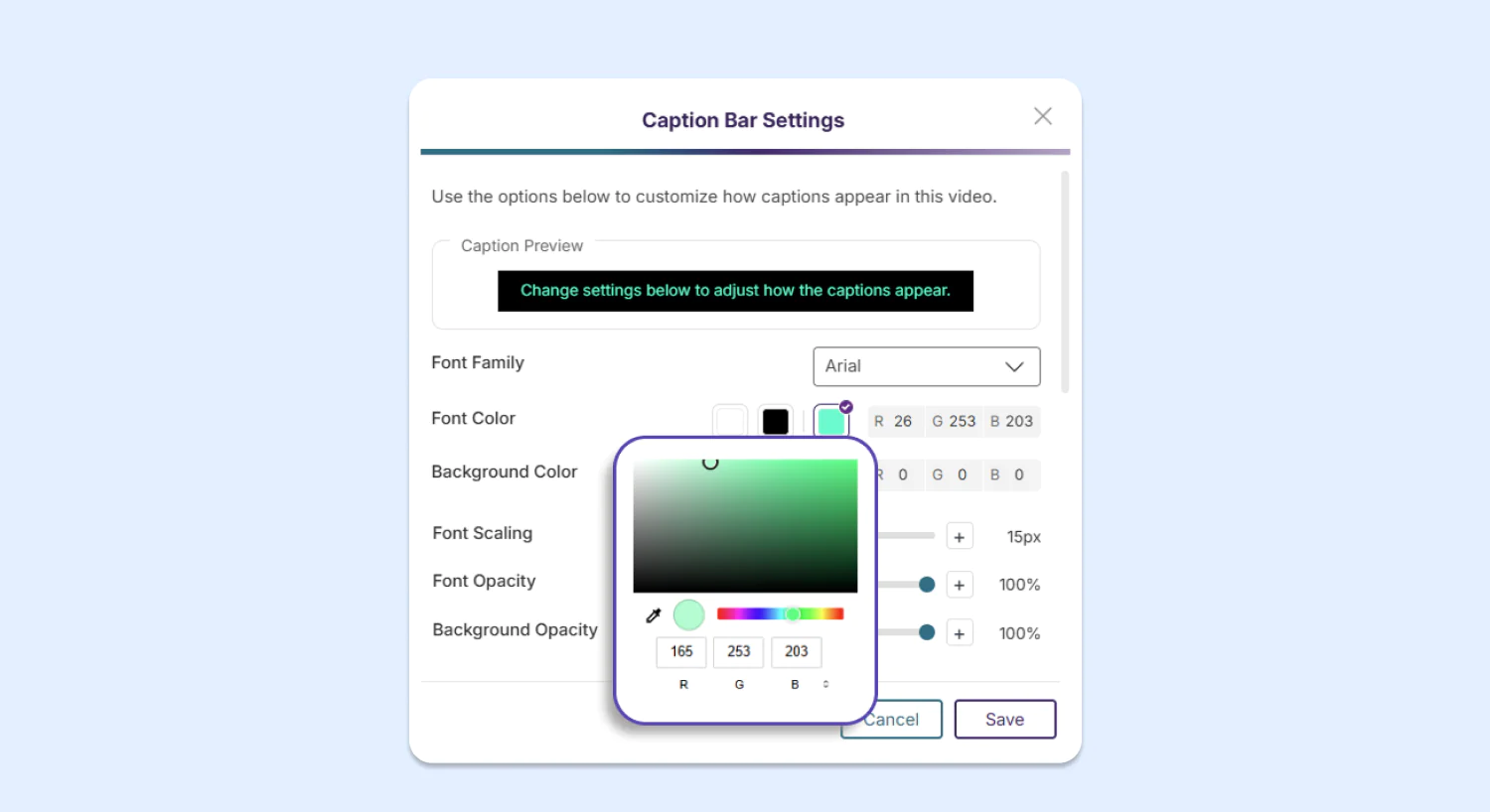 Caption bar settings