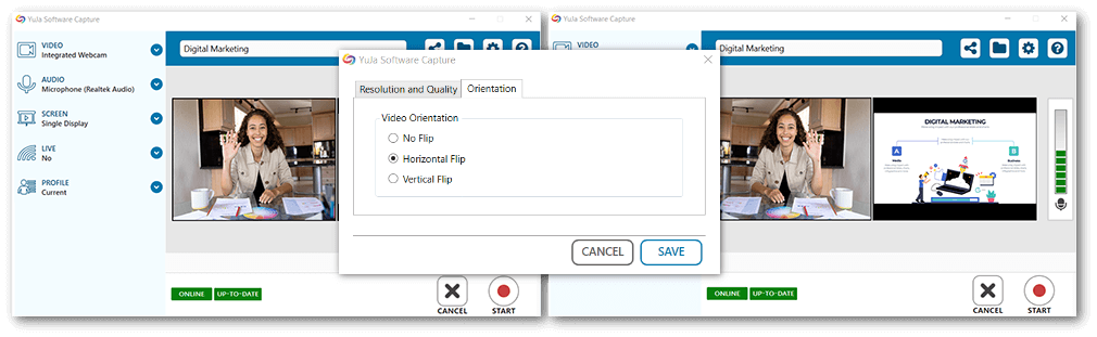 Two different Confidence Monitors, each showing a horizontal flip. 