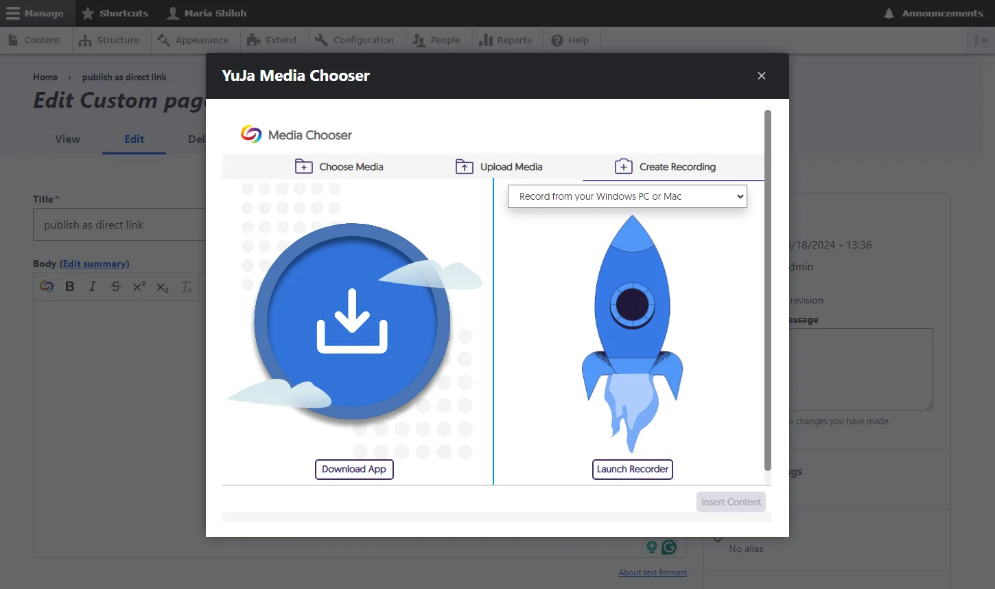Video capture options are shown within the YuJa Media Chooser.