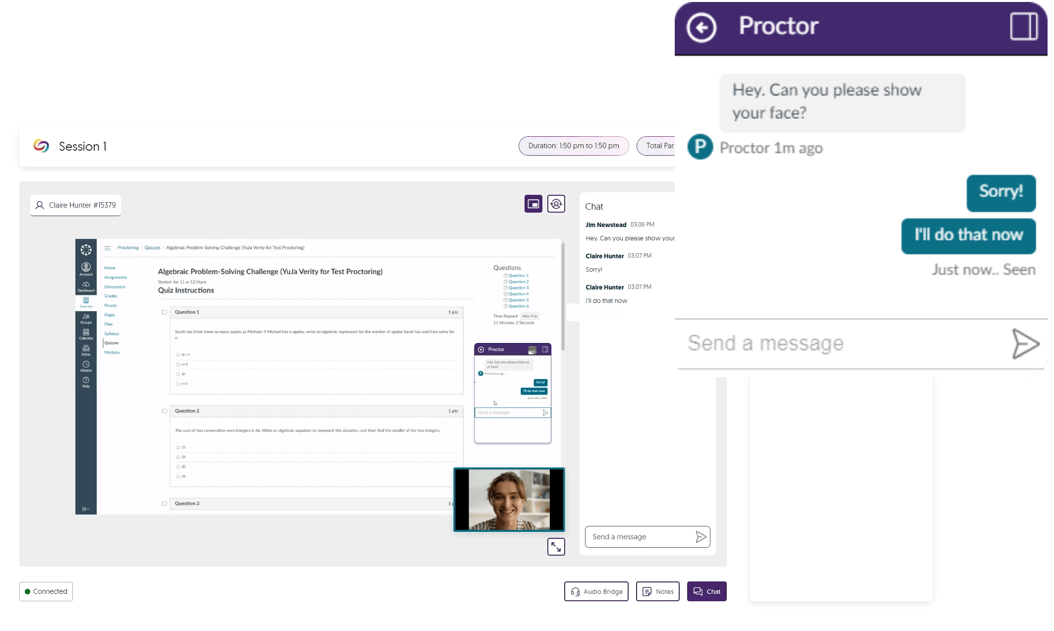 YuJa Verity Live Proctoring Chat box is shown with a message from the proctor.