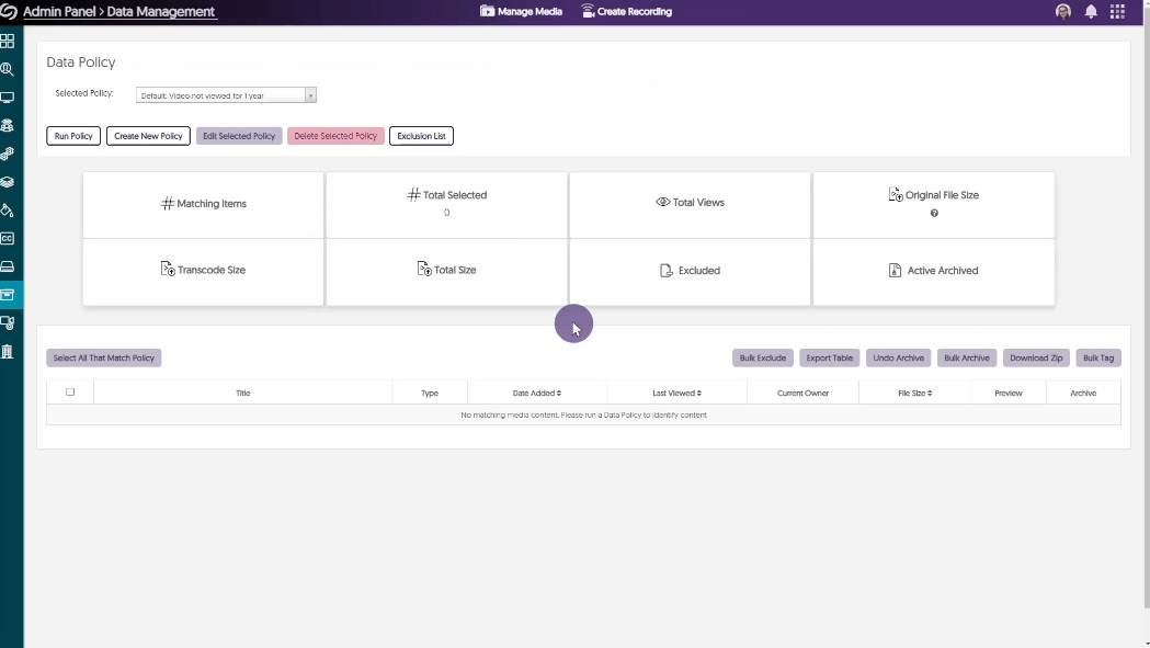  The YuJa Himalayas Platform with the Policy Creator menu open. 