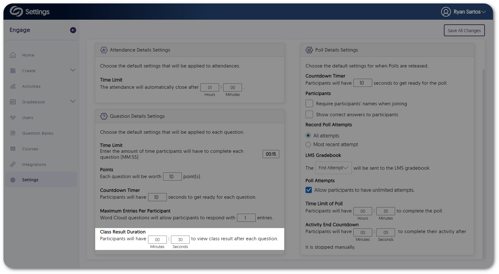 The class results duration setting.