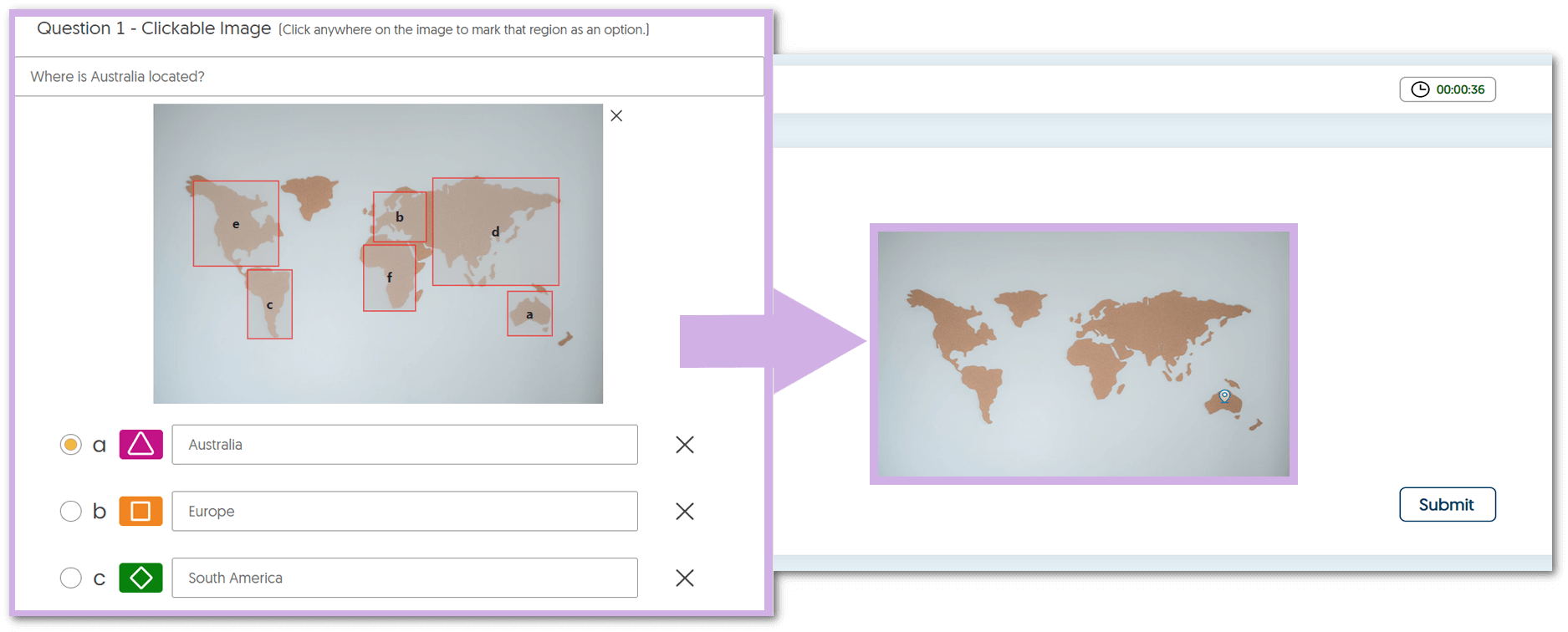 Clickable Image question type features an image of a map with various continents selected as answers. In addition, a participant's view is shown with a pinned region on the image chosen. 