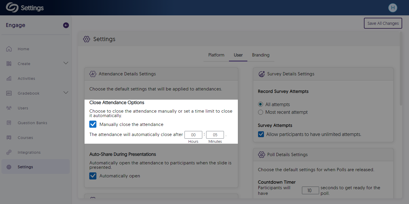 User settings for the Close Attendance Options.