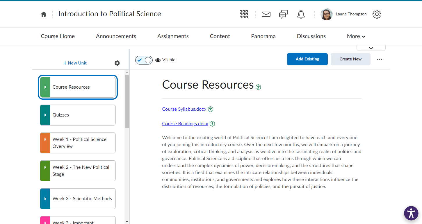  A menu within a course in the D2L Brightspace LMS.