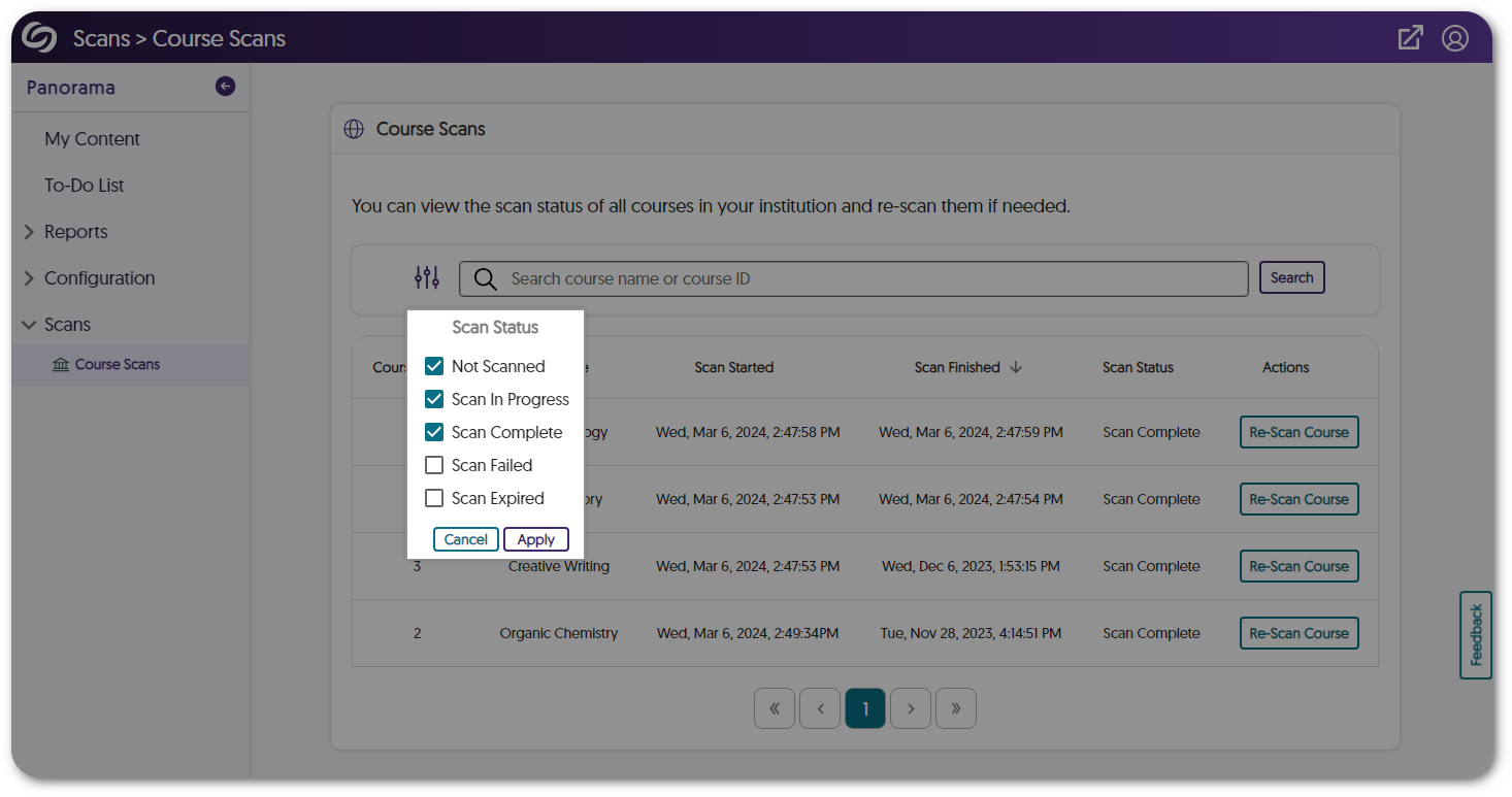 Filters for the Course Scans page are shown.