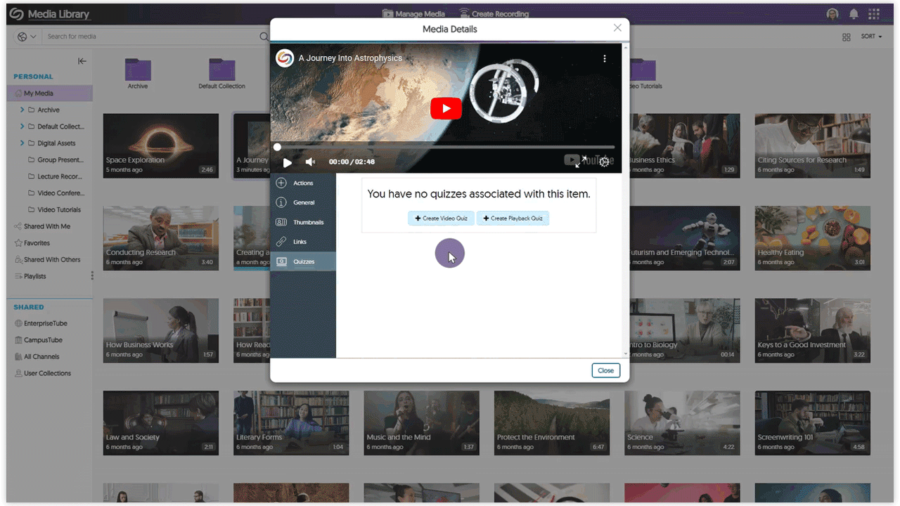 a playback quiz is created for a YouTube video. 