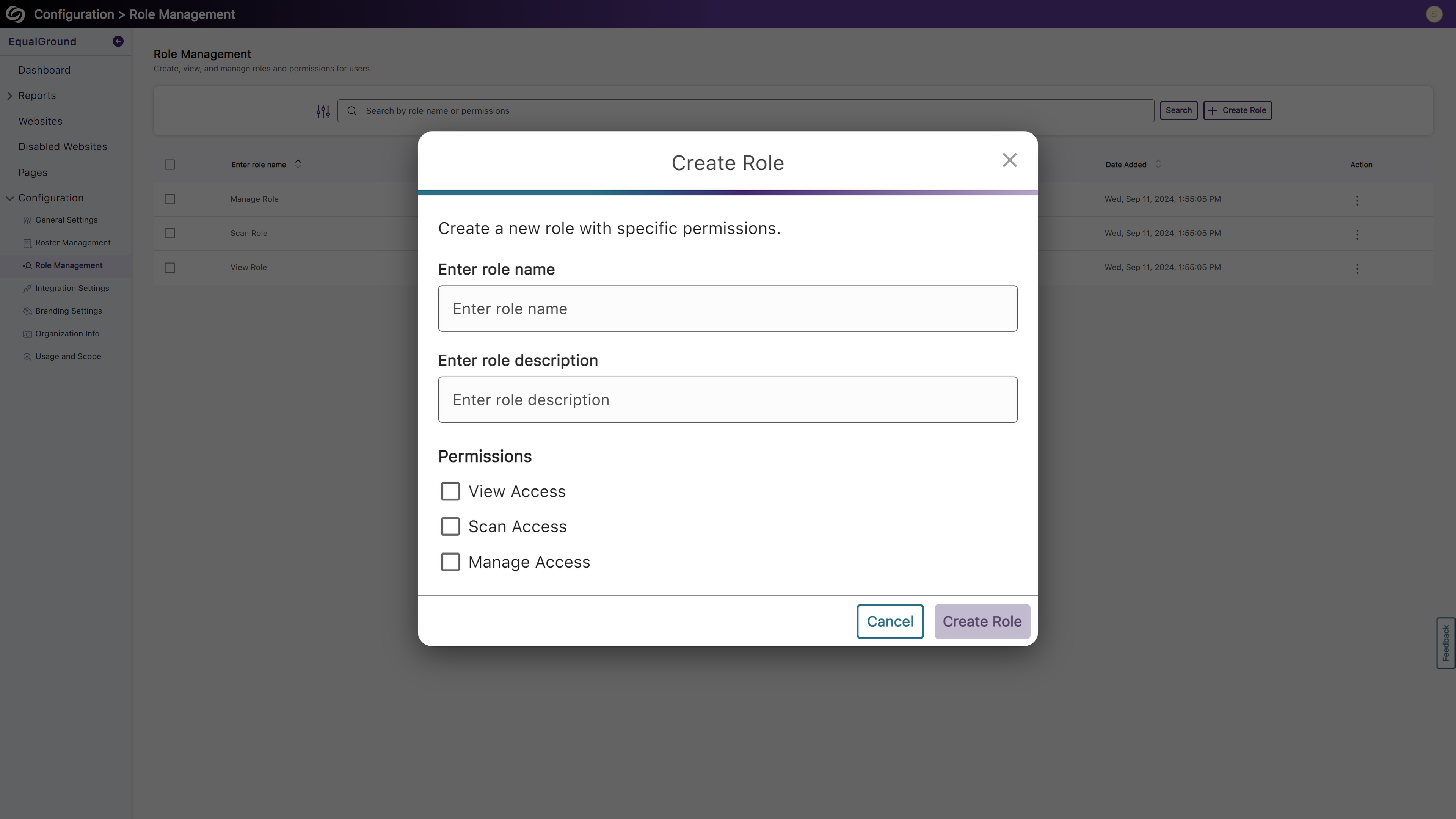 The Create Role modal open in YuJa EqualGround.