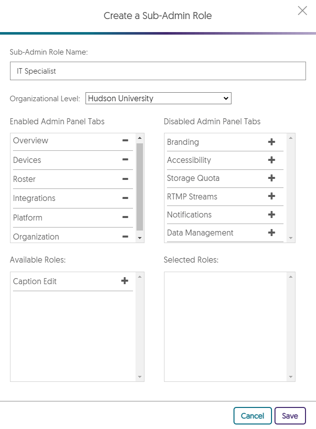 A screenshot of the sub-admin role menu.           
