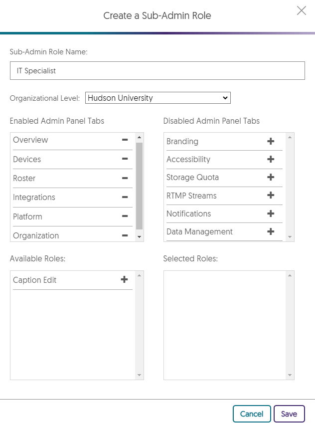 A screenshot of the sub-admin role menu.