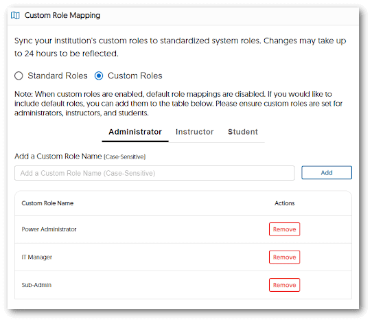The Custom Role Mapping window open inside D2L Brightspace featuring Custom Role Names.