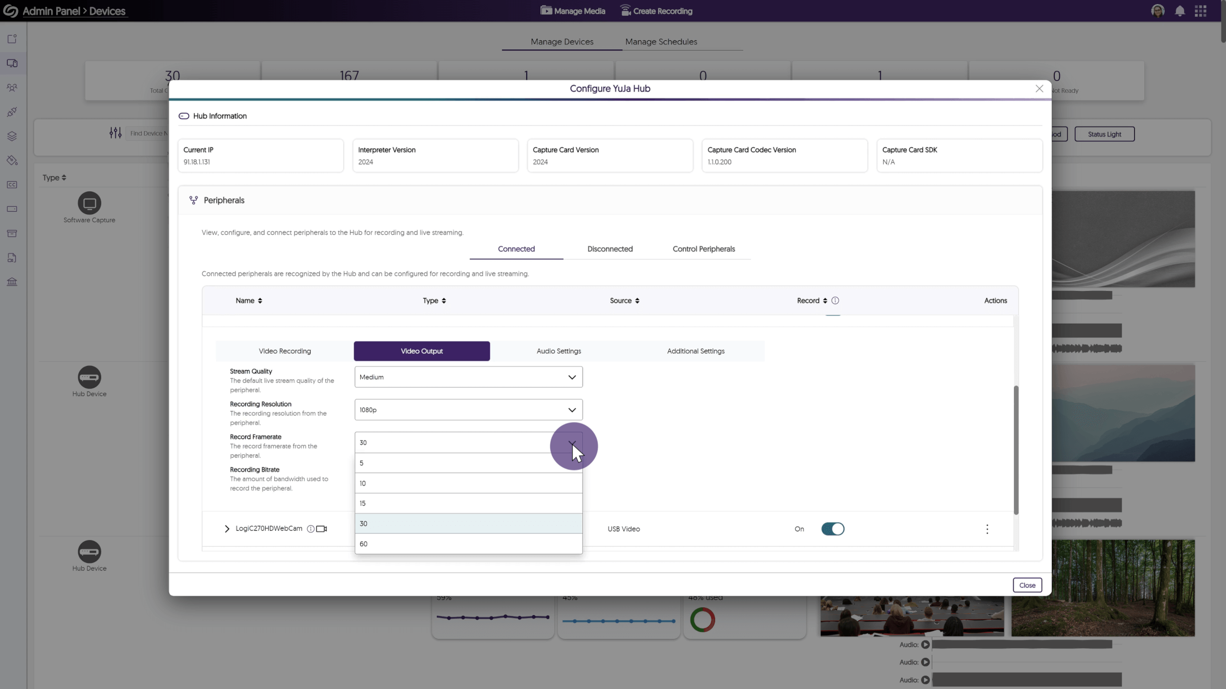 The ability to customize the frame rate of recordings is being showcased in the Configure YuJa Hub modal.
