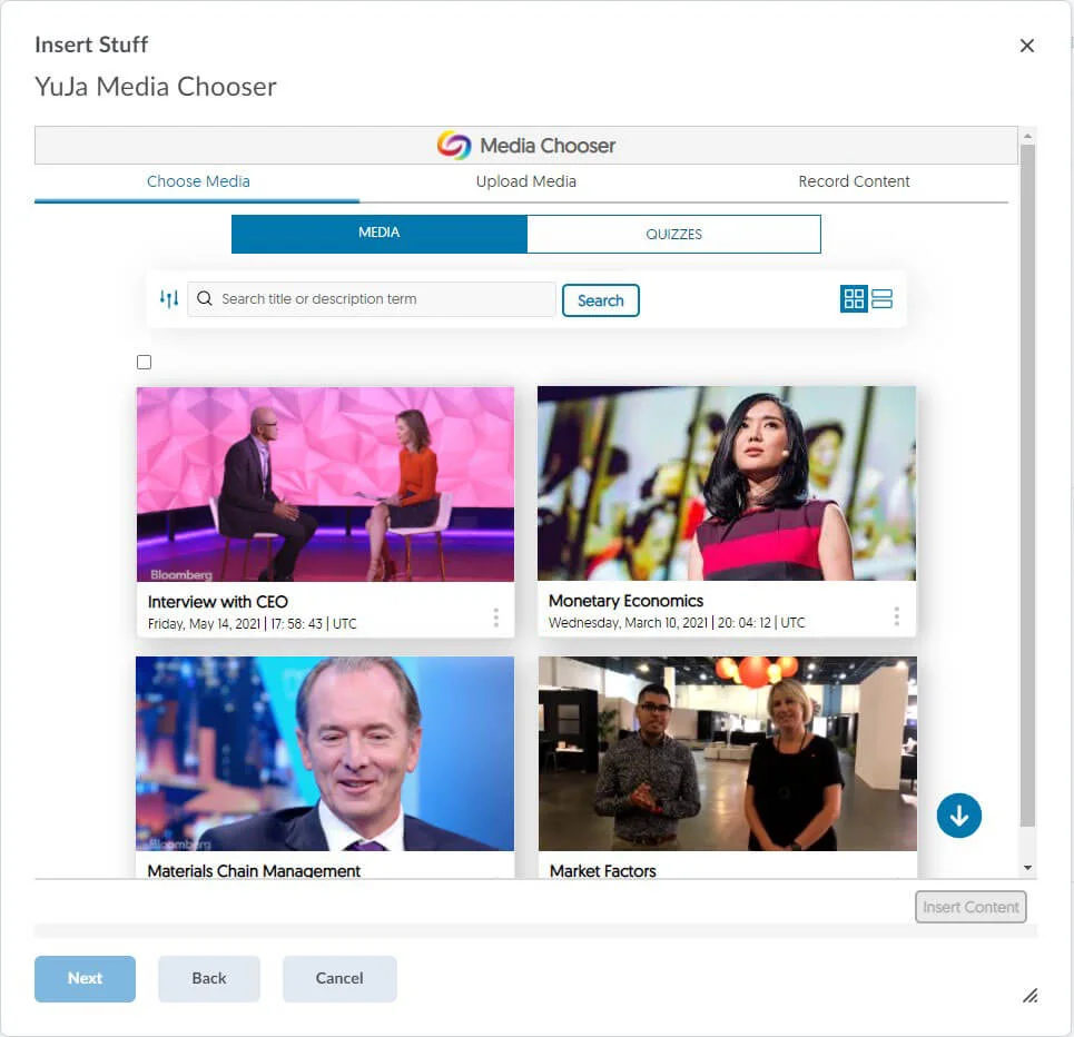 Screenshot of Media Chooser in D2L Brightspace.