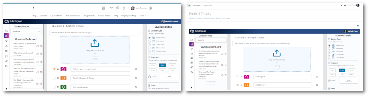 The YuJa Engage platform is shown inside the D2L Brightspace and Moodle LMS.