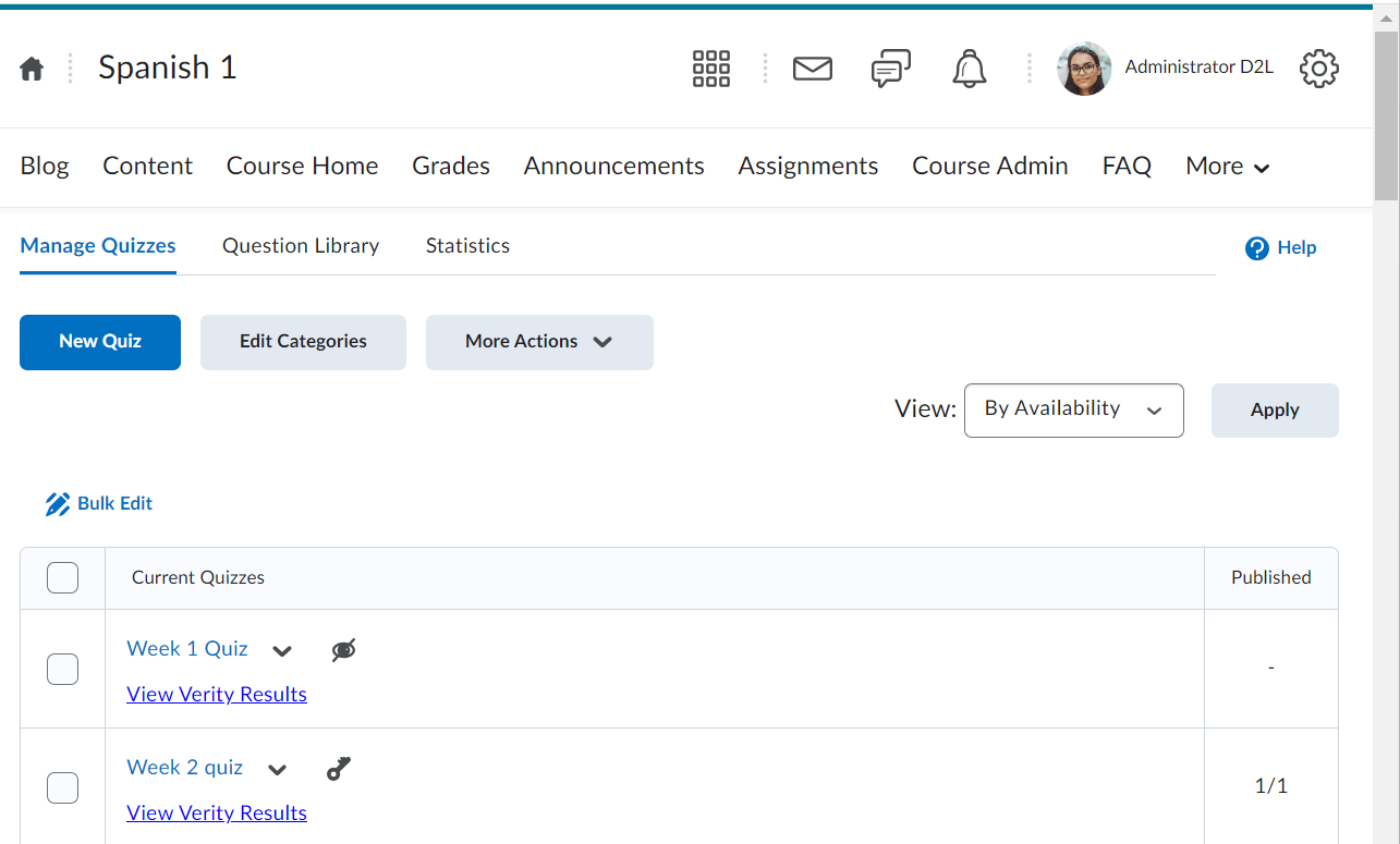 A screenshot of the options when managing quizzes with an LTI Integration app