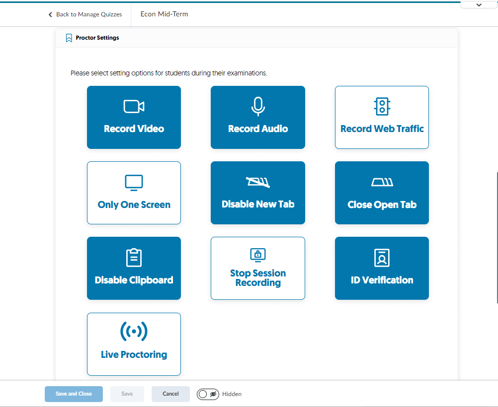 A screenshot of the proctor settings to Create Quizzes and define the proctoring experience