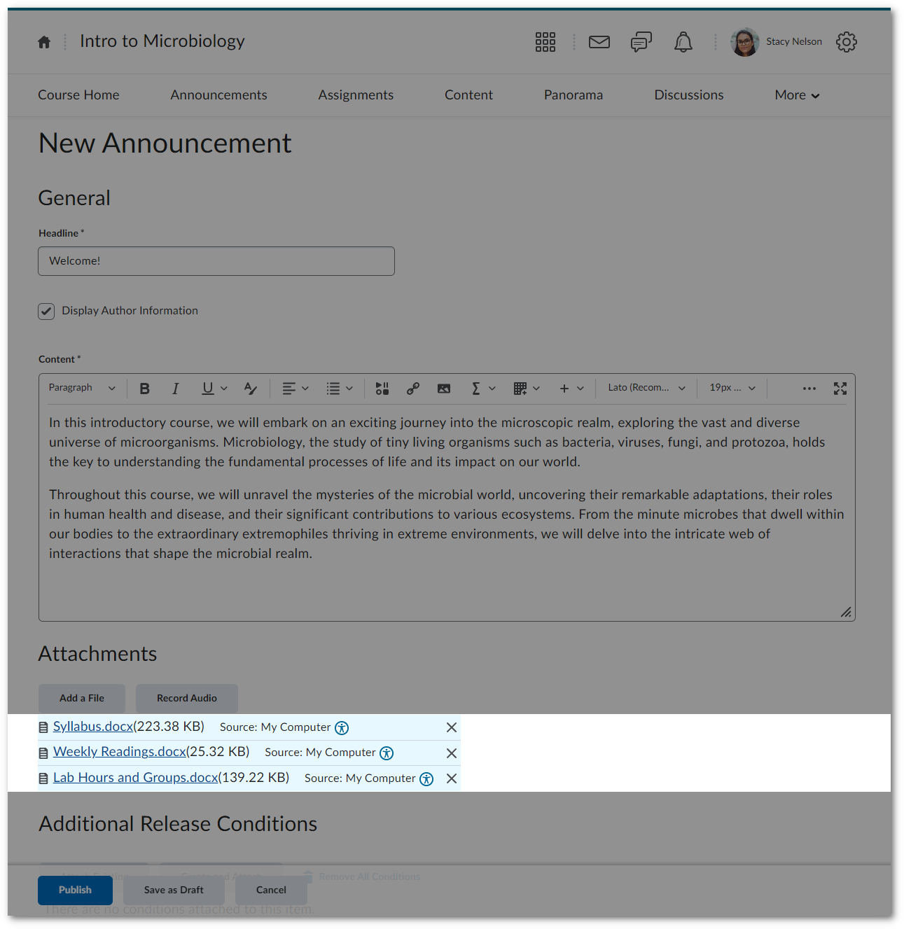 Documents are attached to a D2L Brightspace announcement that is being created.