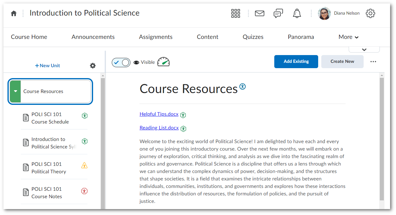 D2L Lessons View.