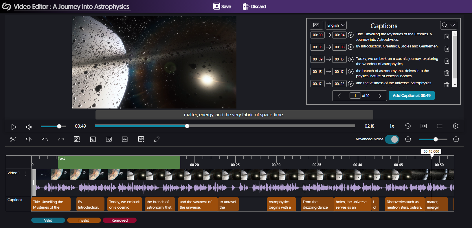 The Video Editor is shown in dark mode.