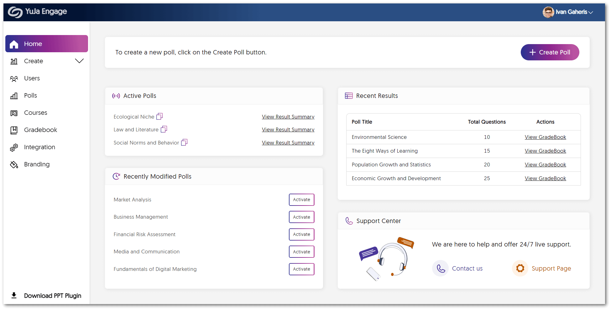 The YuJa Engage Dashboard features Active Polls, Recent Results, and Recently Modified Polls.