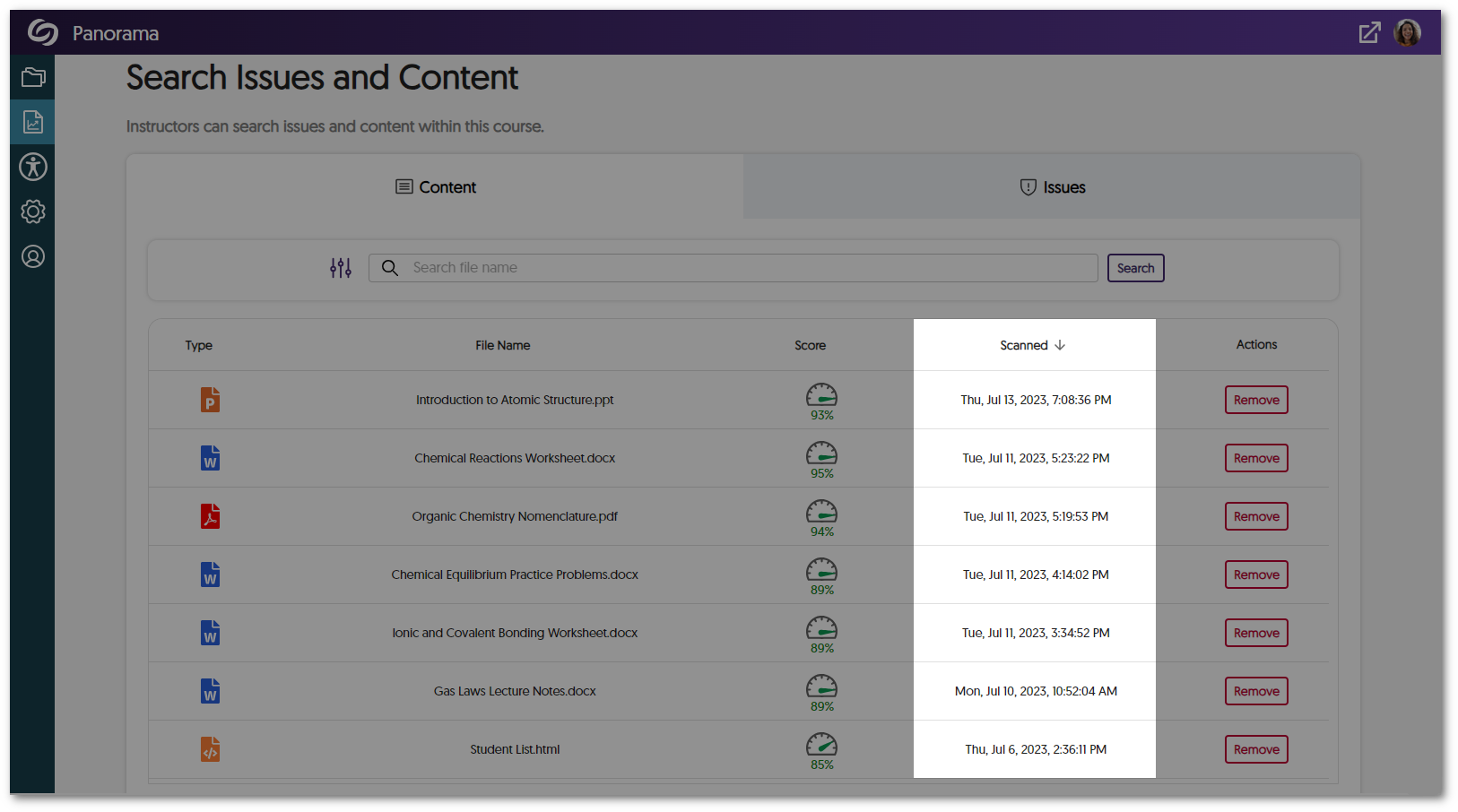 Content table organized by upload date of files.