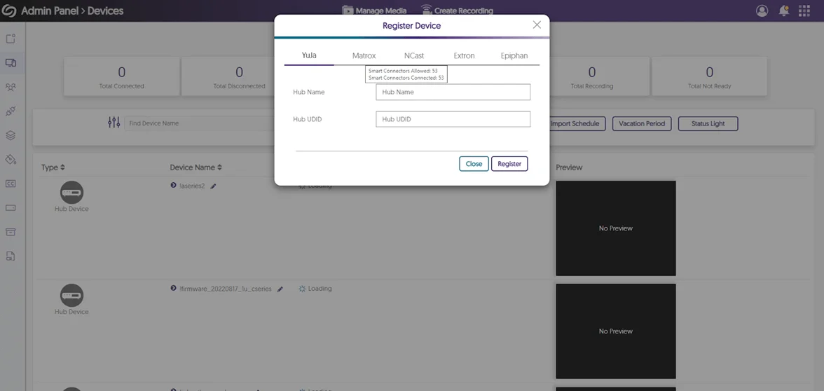 The device registration popup is shown on the hardware page.
