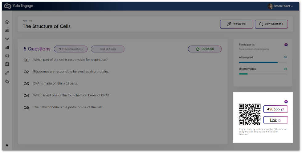 Within an active Poll, the direct link is shown alongside the Poll code and QR code. 