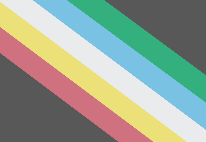 Disability Pride Flag with charcoal gray background and diagonal lines running from top left to bottom right. Colors are red, yellow, white, blue, green.