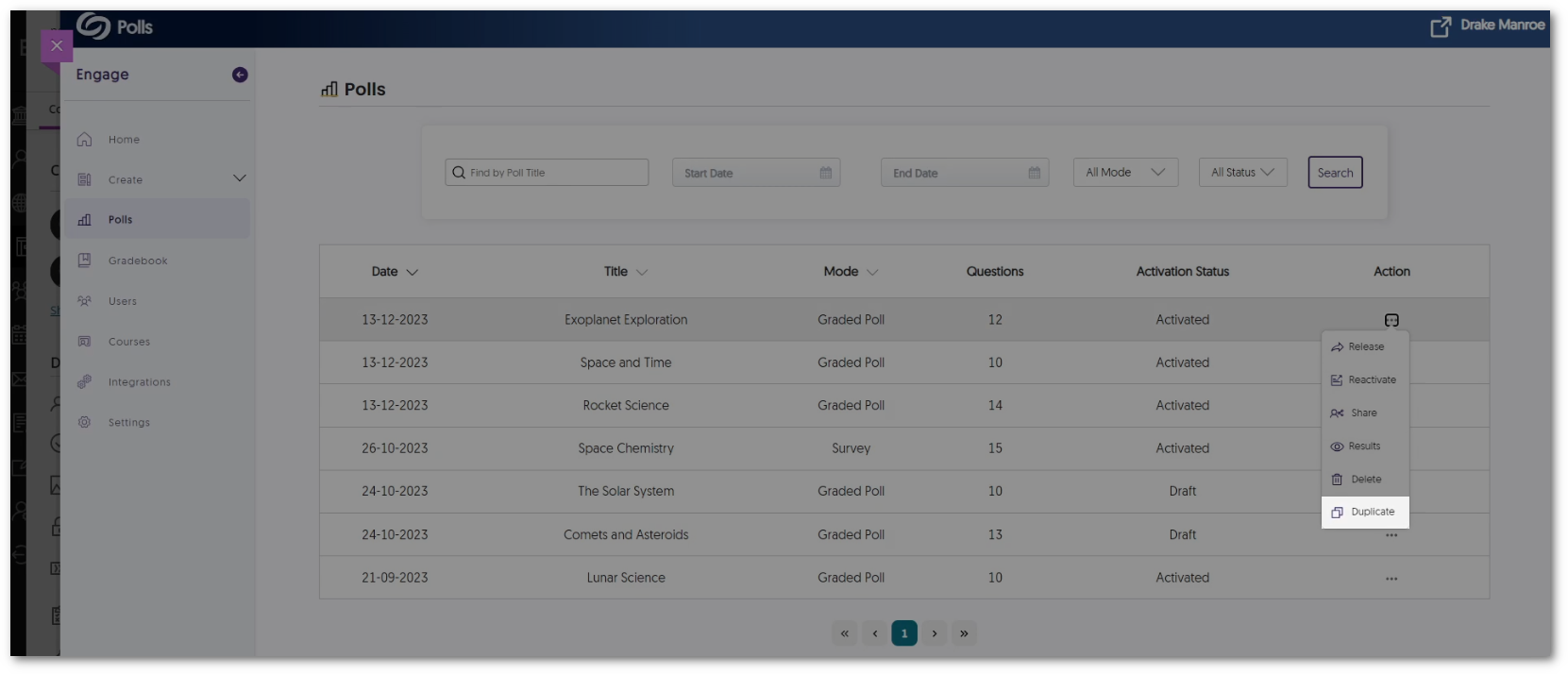 The Duplicate option is shown for a Poll in the Engage Polls tab.