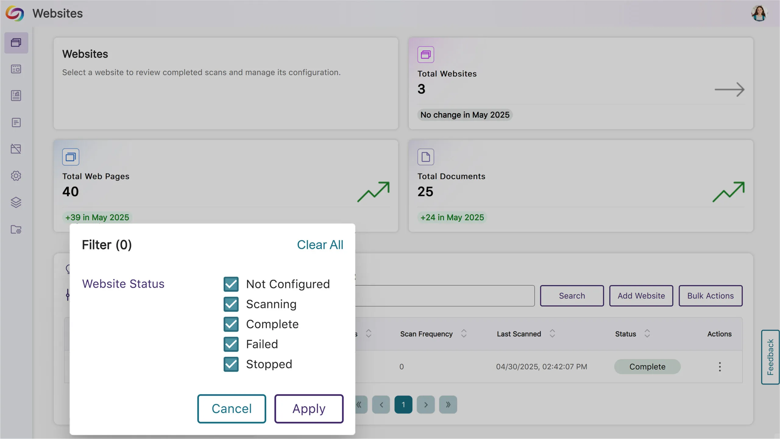 Filter by website status and perform operations on multiple selected websites simultaneously.