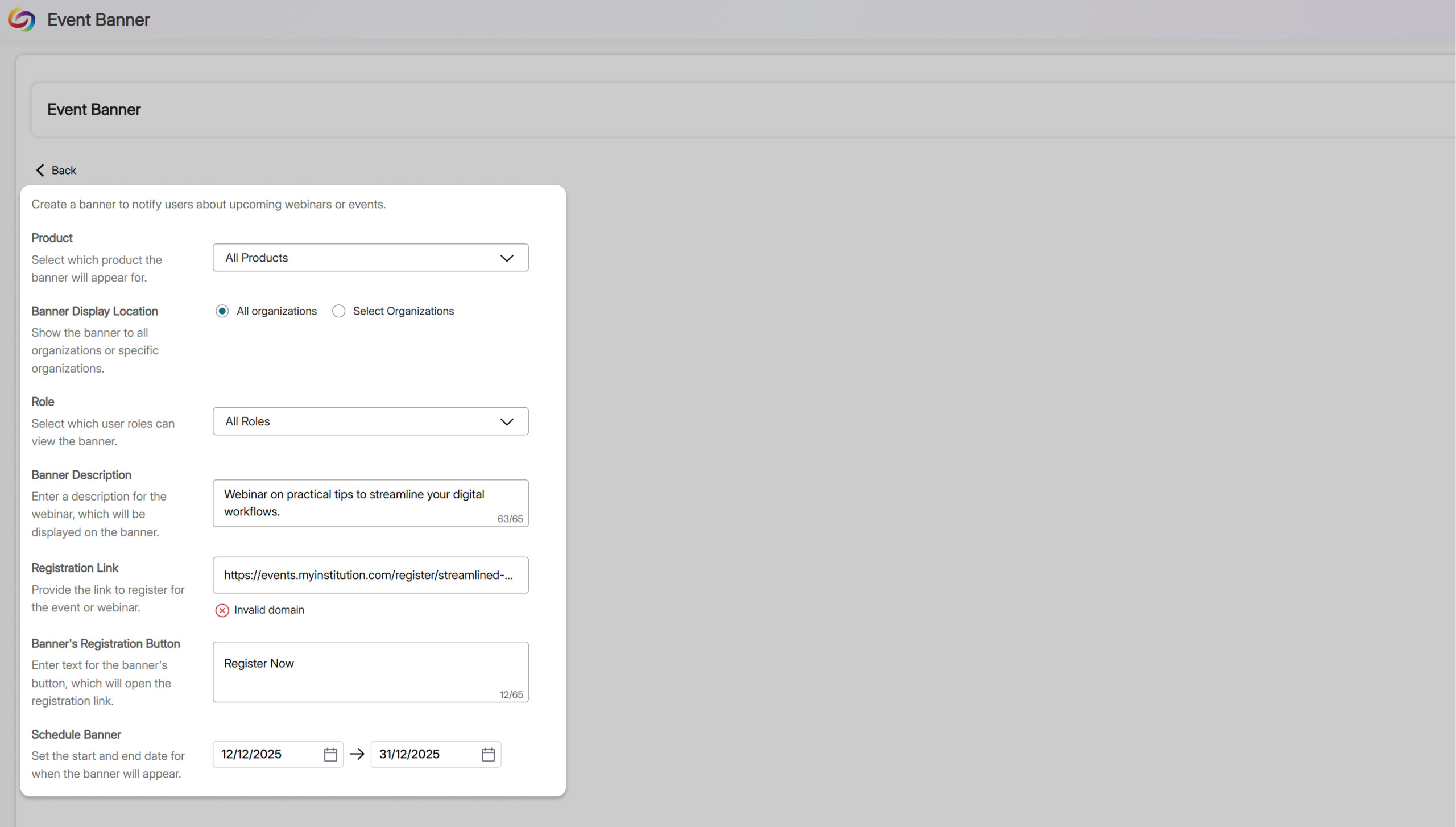 Customized event banners