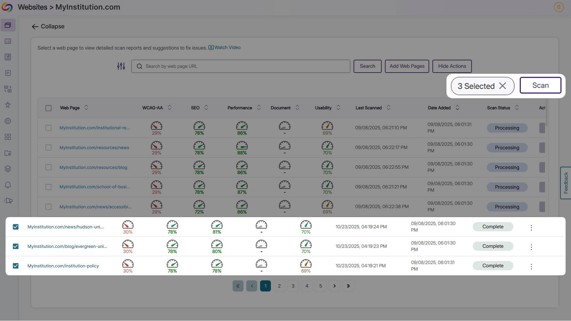 The accessibility report shows a drop-down menu that allows different documents to be selected.