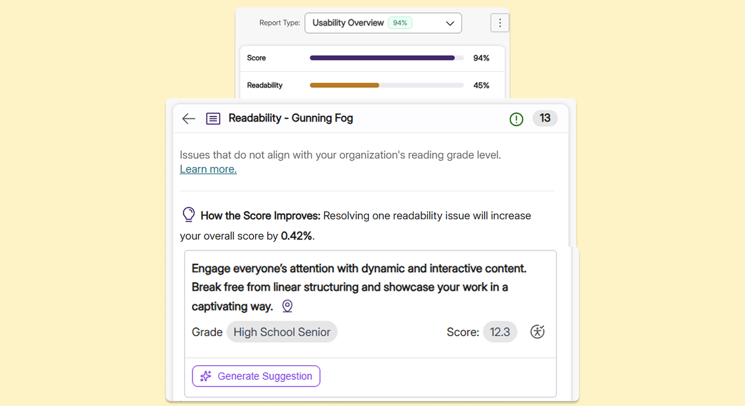 Readability check: For readability issues, AI will generate a clearer rewrite of flagged sentences, quickly making content more digestible and reducing the amount of manual work for administrators.