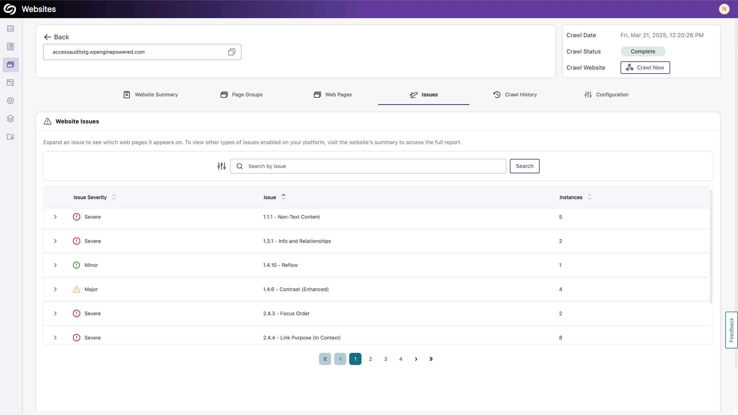 An image of the Issue tab inside the Website details page in EqualGround.