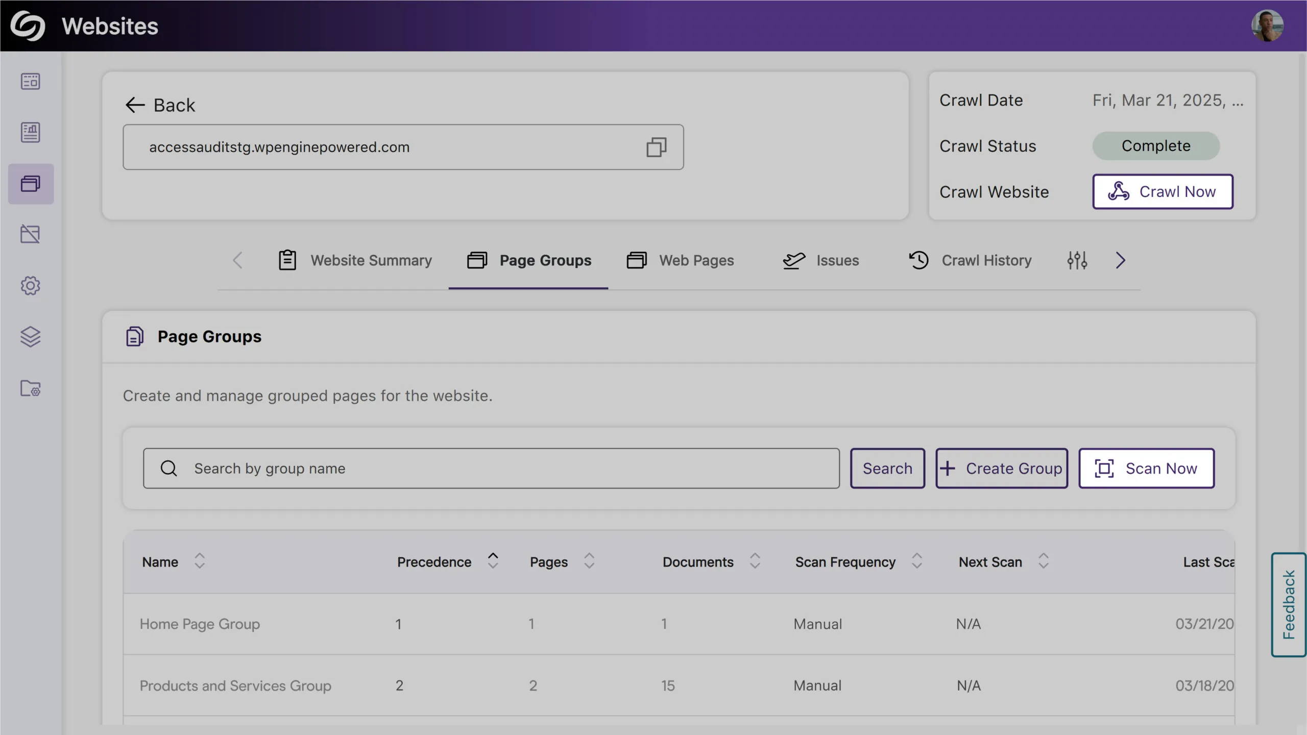 An image showing the option to scan and crawl multiple websites and page groups at once.