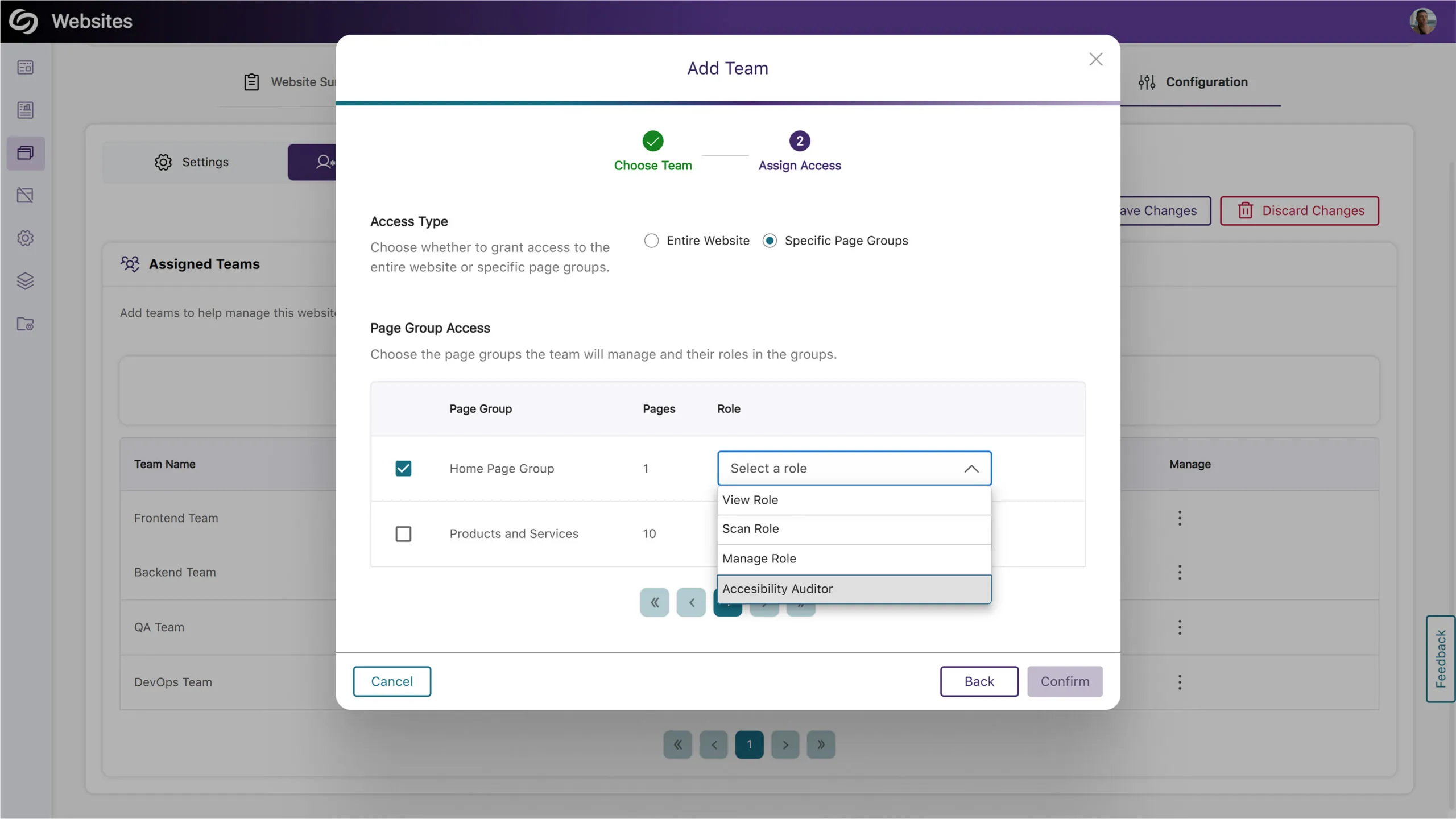 An image showing the Add Team window to assign teams to manage specific page groups.